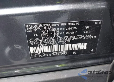 2019 Toyota Rav4 Xle из США, поврежденный, VIN 2T3W1RFV7KC023595